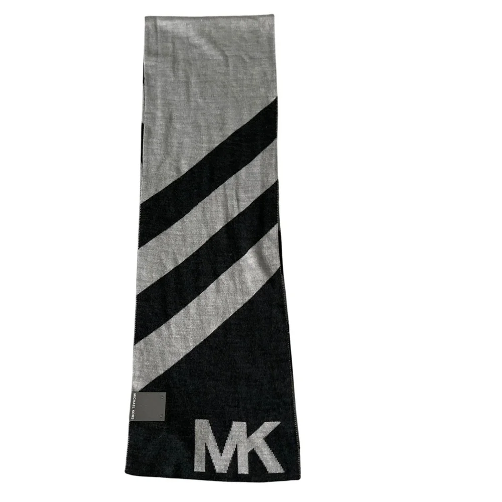 Michael Kors Men's MK‎ Logo Jacquard Muffler Scarf Diagonal Stripe Black Grey